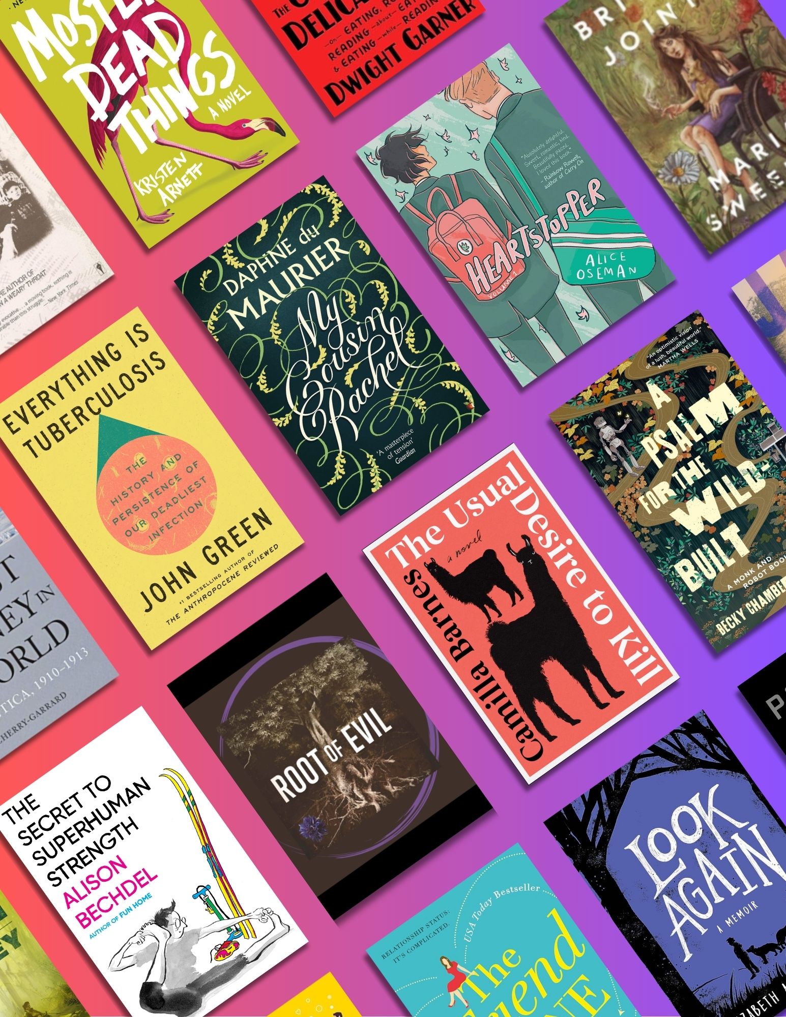 Collection of book covers in front of a colorful gradient background