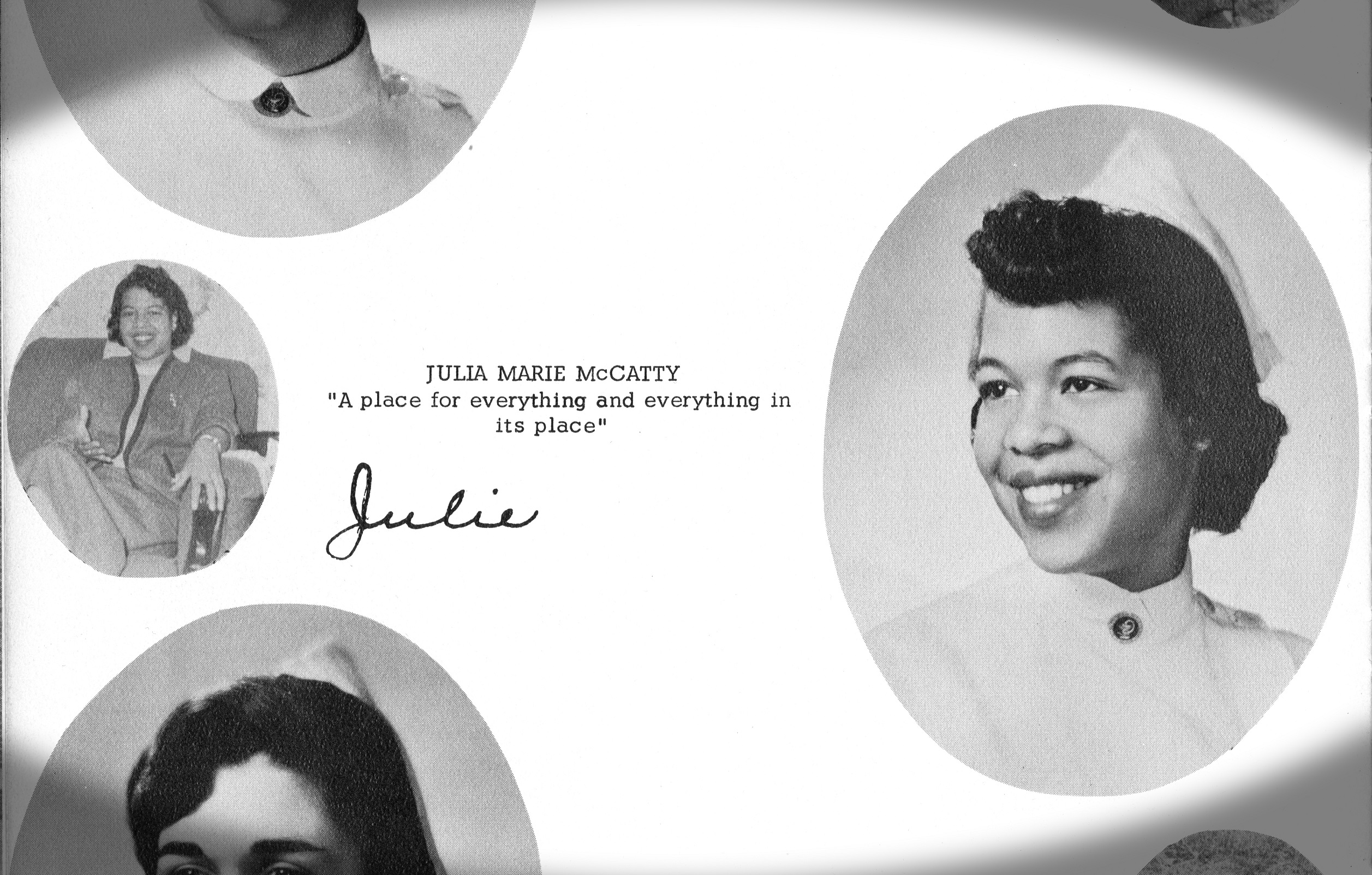 Black and white photos of Julia Marie McCatty surrounding text which reads "Julia Marie McCatty: 'A place for everything and everything in its place'" and a handwritten "Julie"