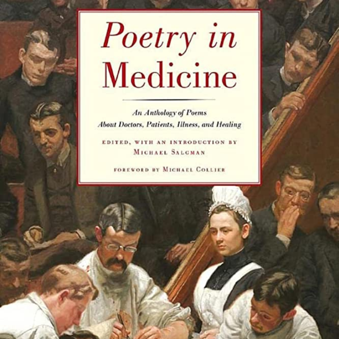Cover image of the book "Poetry in Medicine" depicting a painting of an audience watching a public surgical demonstration.