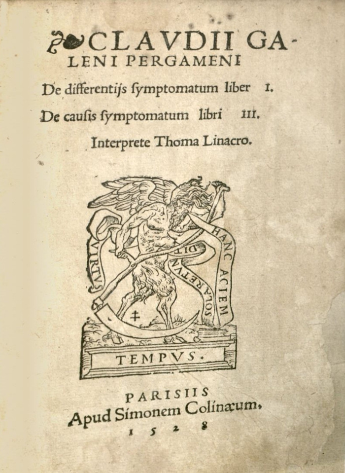 First page of De differentijs symptomatum[...], 1528, by Claudii Galeni Pergameni. 