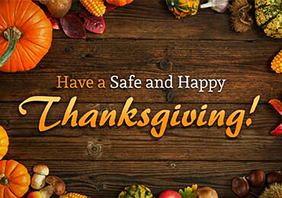 pumpkins, autumn leaves, mushrooms, chestnuts, and corn cobs surrounding the text: have a safe and happy Thanksgiving