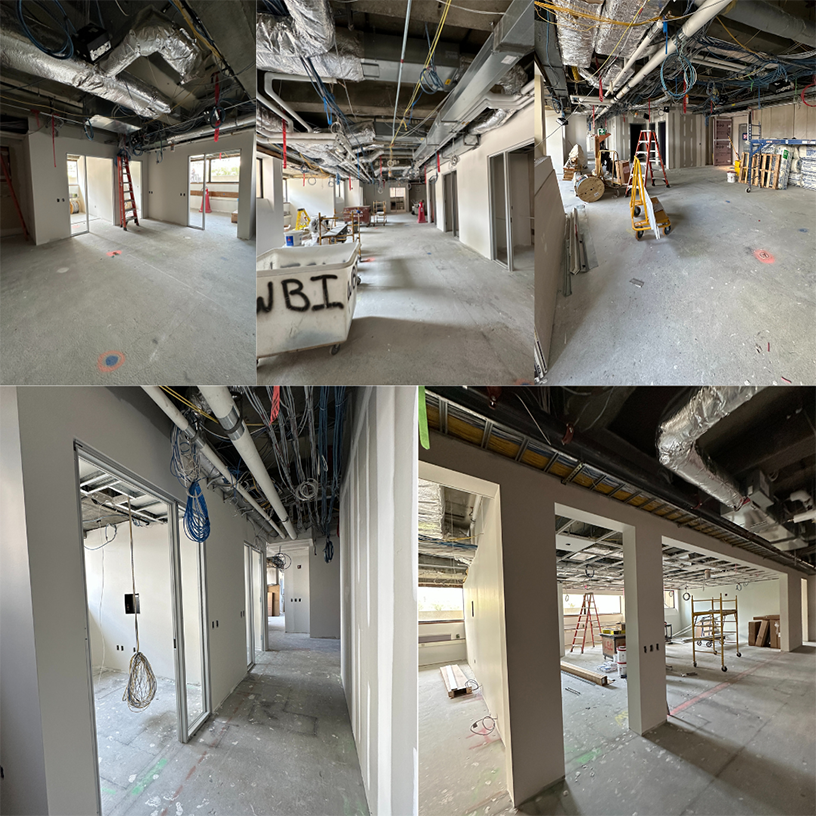construction progress collage showing the lower level without a ceiling