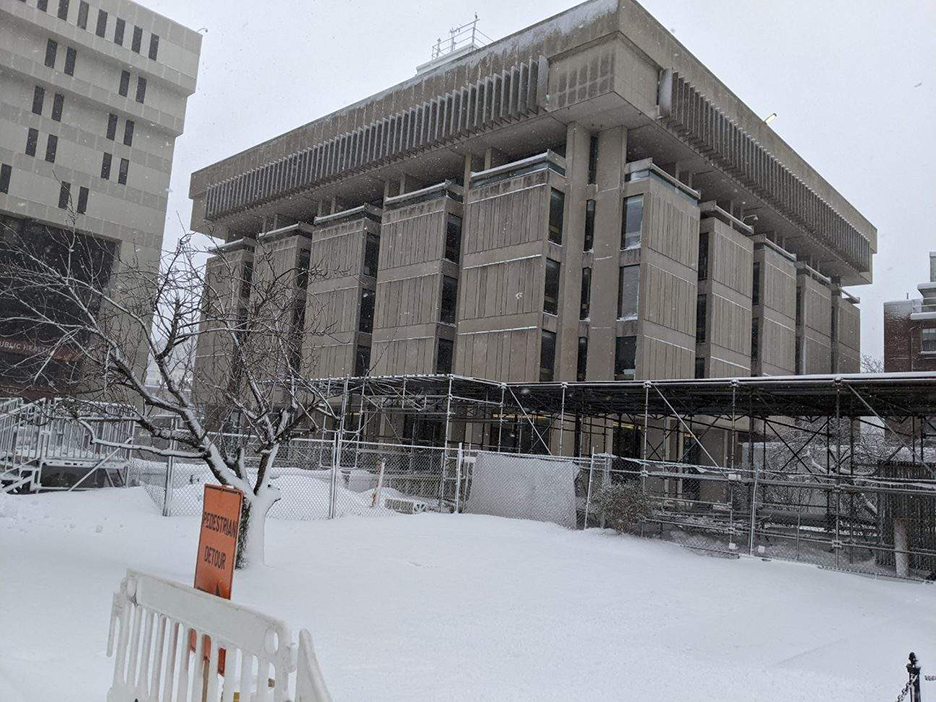 Countway Library building with snow on the ground