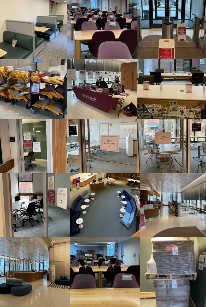 collage of new library seats and COVID-19 protocols limiting capacity and ensuring social distancing